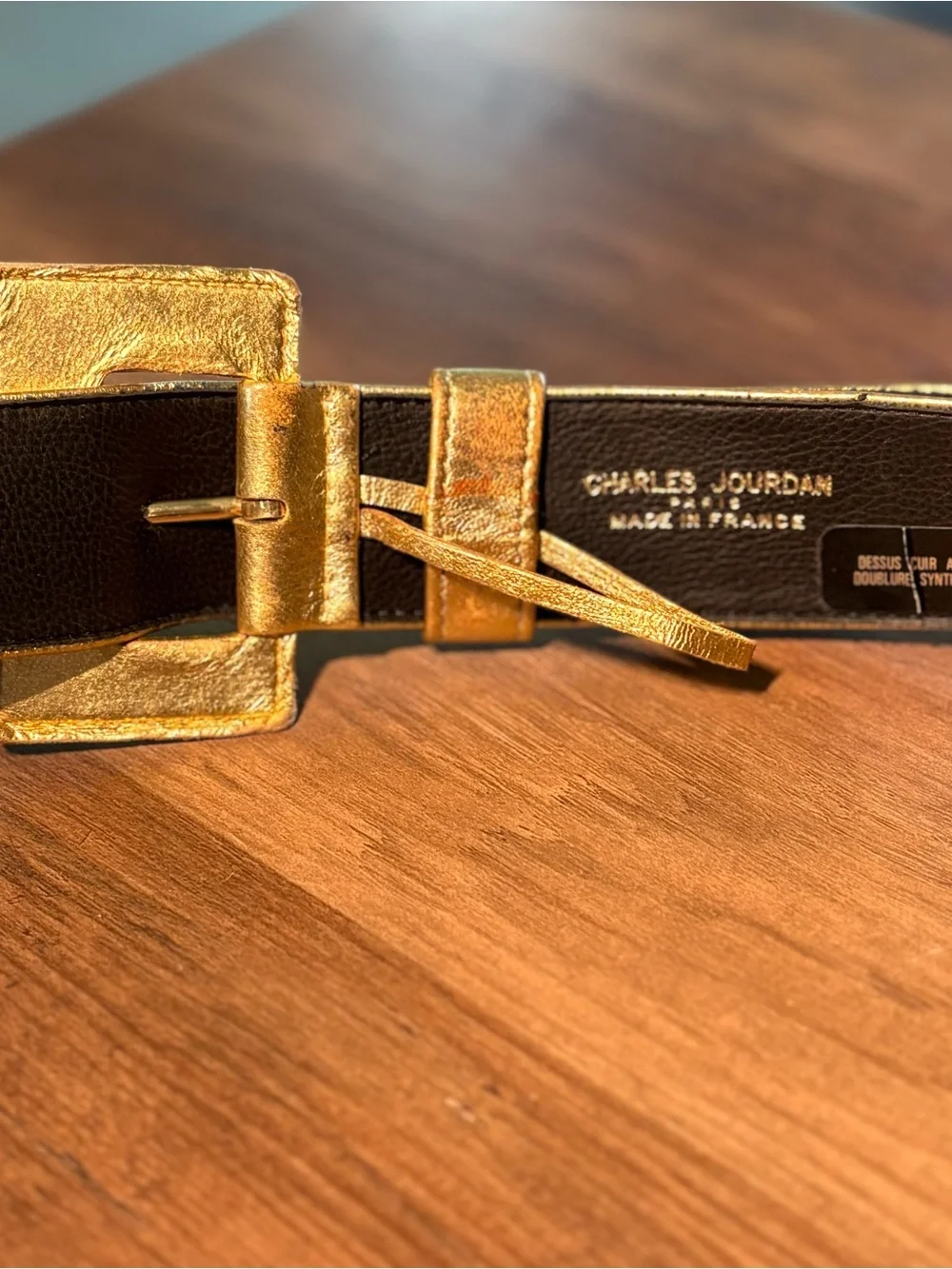 Vintage Charles Jourdan Metallic Gold Faux Leather Belt with Square Buckle 28